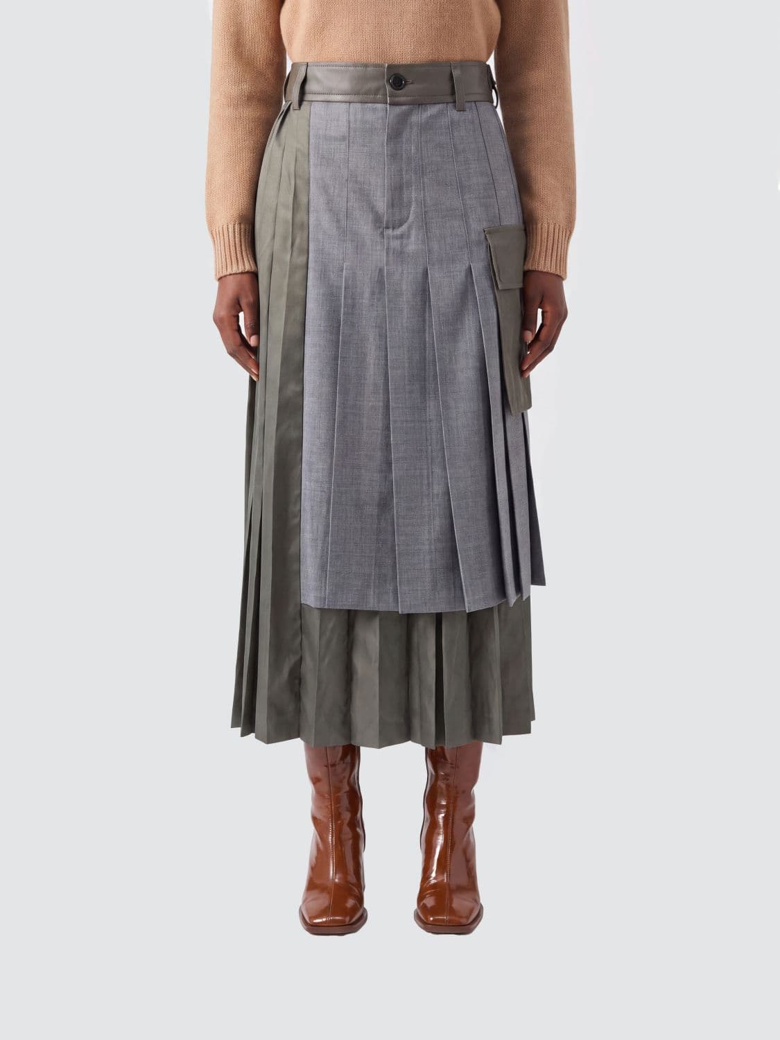 Sacai Asymmetrical Midi Skirt in Wool Blend with Pleats and Cargo Pockets