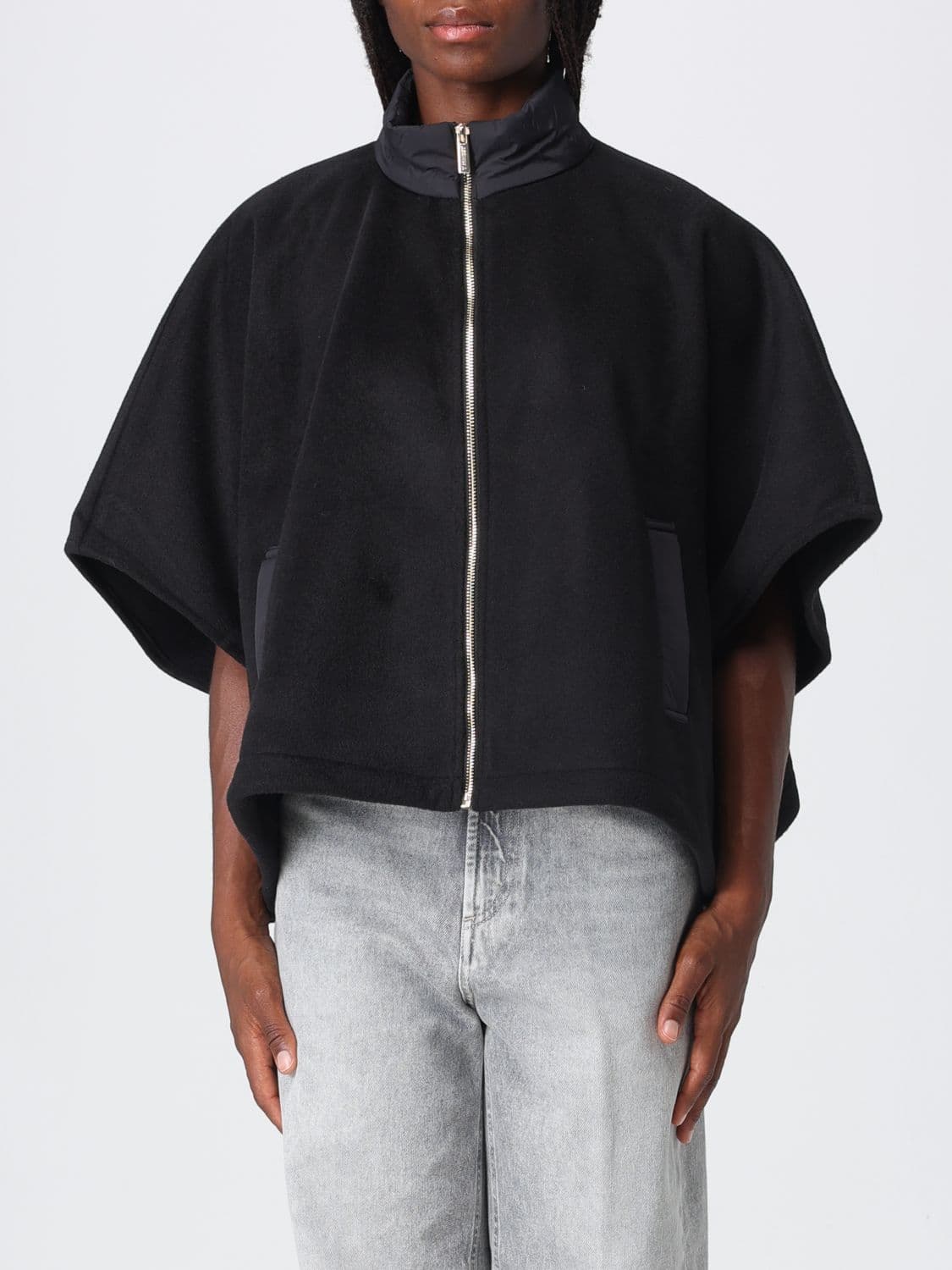 Twinset Cropped Wool Cloth Cape with High Neck and Zip Closure