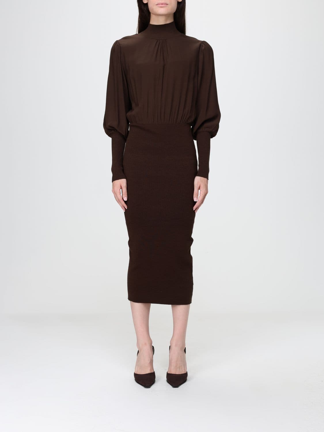 Twinset Crêpe de Chine Midi Sheath Dress with Puff Sleeves