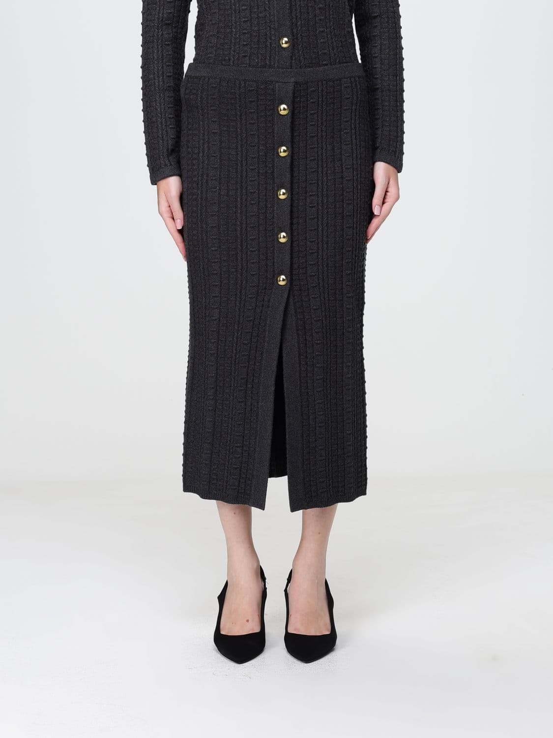 Twinset Ribbed-Knit Midi Pencil Skirt with Front Slit and Buttons