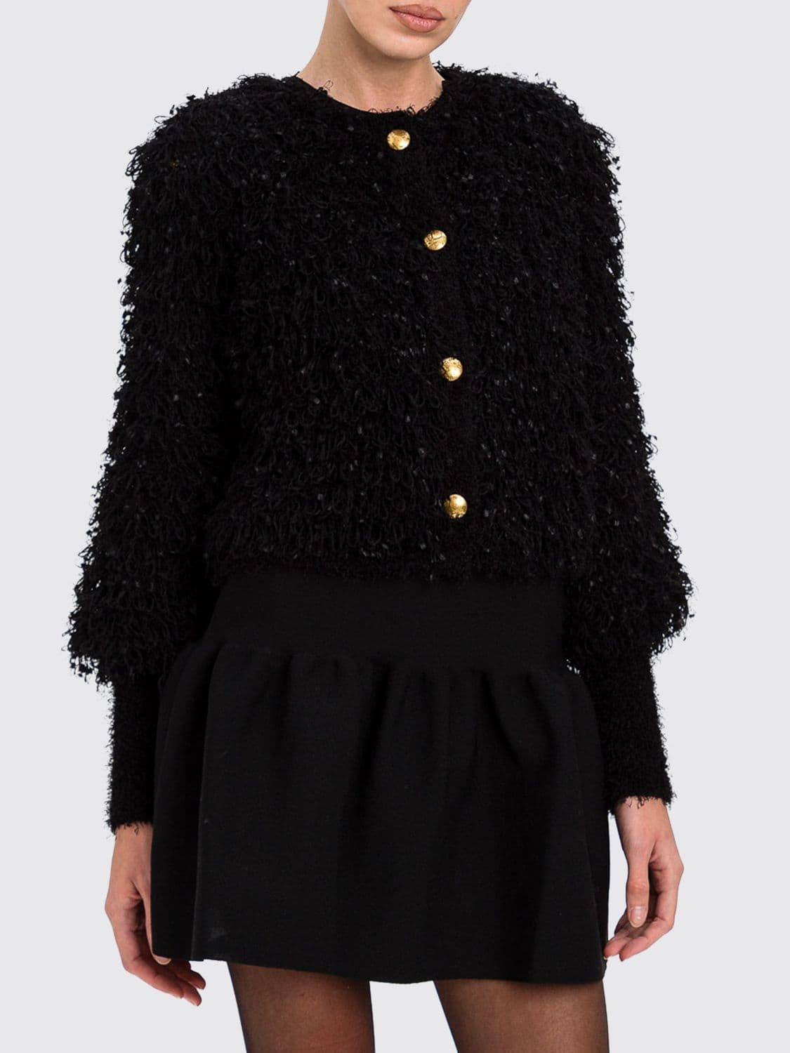 Twinset Crewneck Wool Blend Cardigan with Fringes and Metal Buttons