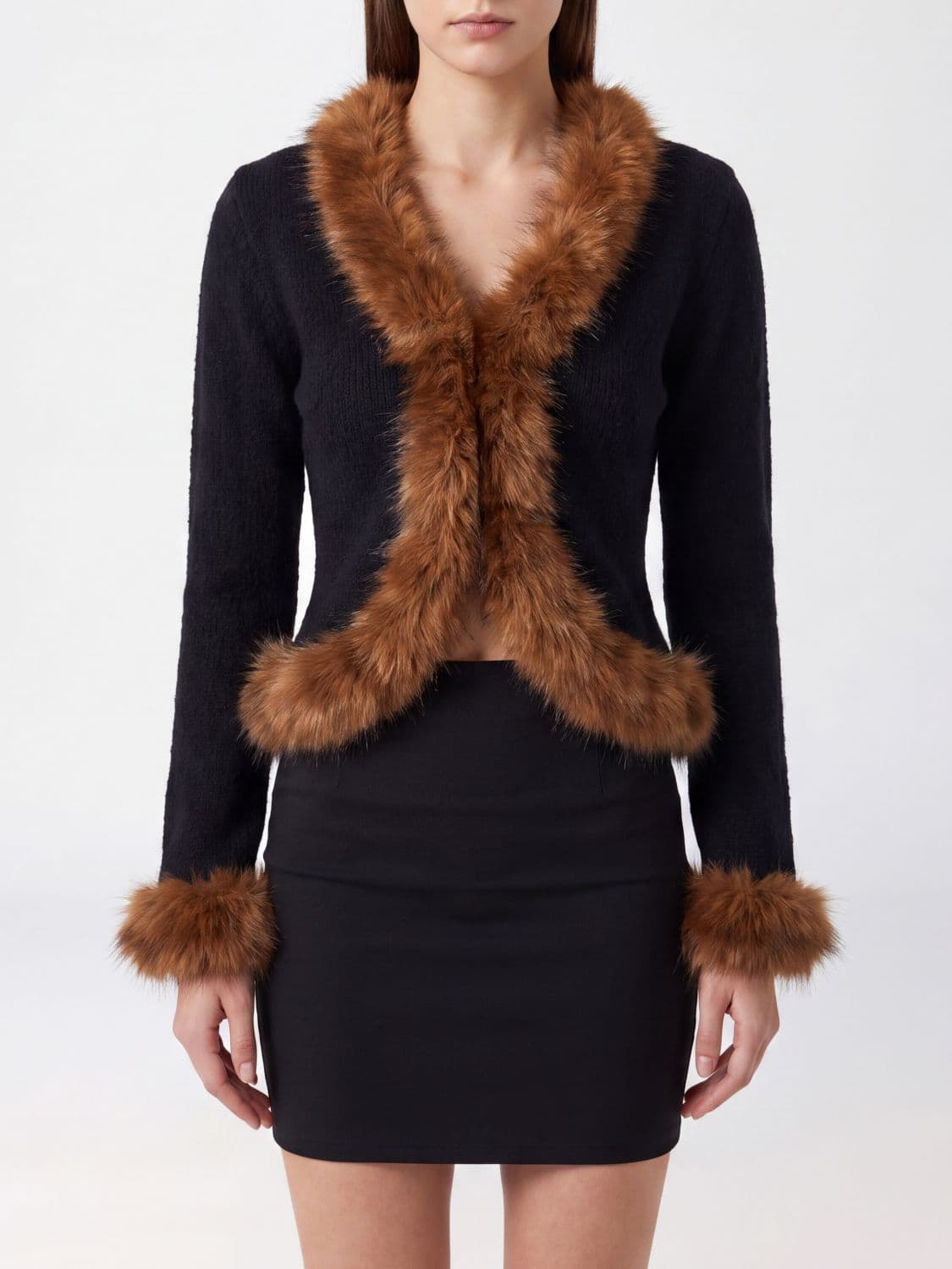 Self-Portrait V-Neck Cardigan in Alpaca-Wool Blend with Faux-Fur Cuffs
