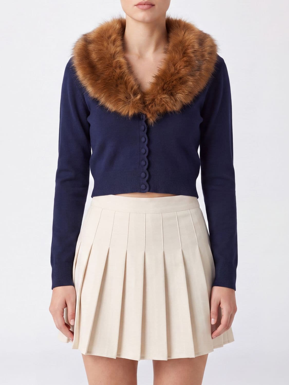 Self-Portrait Cropped Cardigan in a Wool Blend with Faux-Fur Collar