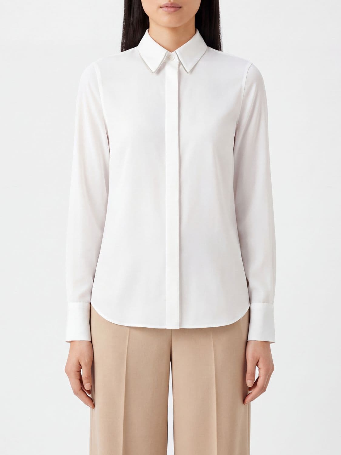 Brunello Cucinelli Pussy-Bow Cotton Shirt with Monili Detail