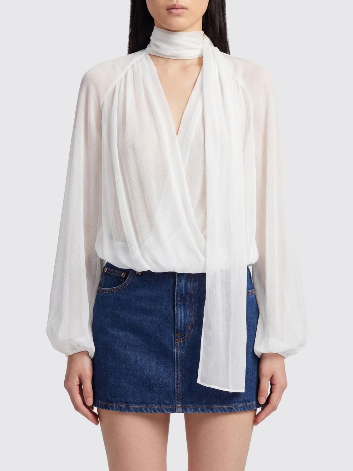 Elisabetta Franchi Draped Crêpe Blouse with Scarf Neck and V-Neck