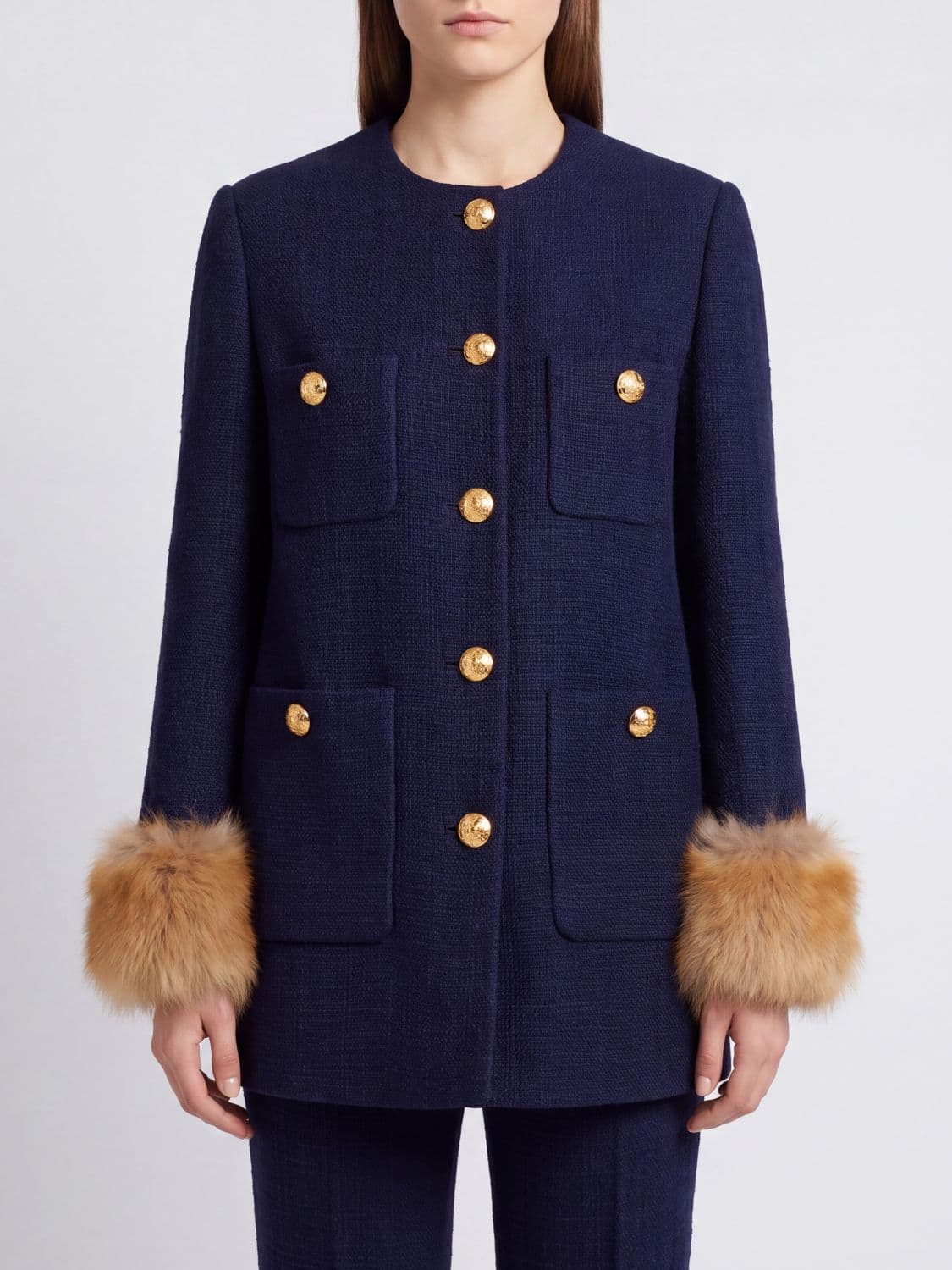Valentino Garavani Single-Breasted Wool Tweed Coat with Fur Cuffs