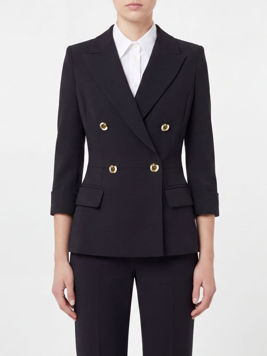 Elisabetta Franchi Slim Fit Double-Breasted Crêpe Blazer with Peak Lapels