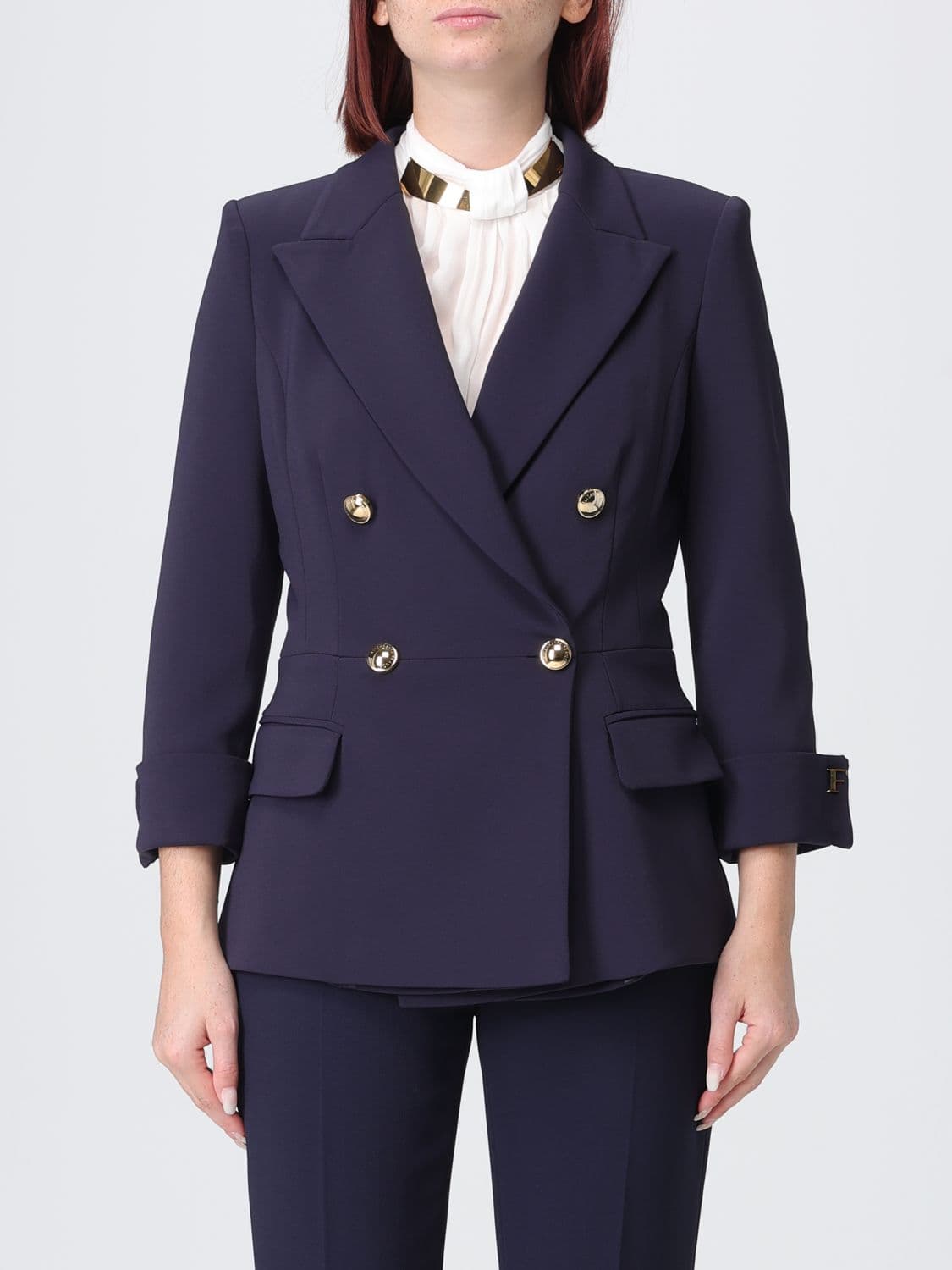 Elisabetta Franchi Slim Fit Double-Breasted Crêpe Blazer with Peak Lapels