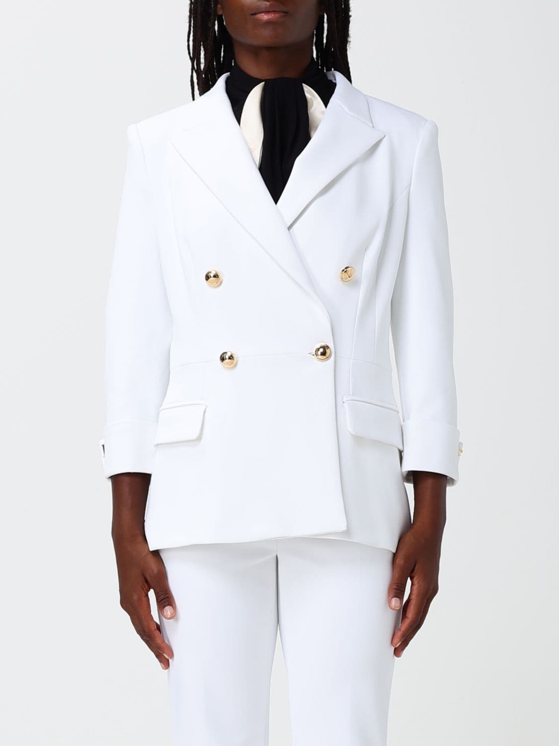 Elisabetta Franchi Slim Fit Double-Breasted Crêpe Blazer with Peak Lapels