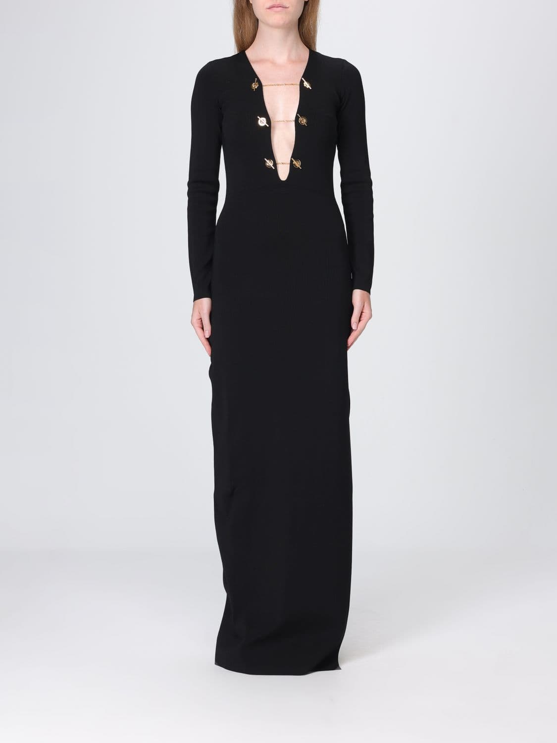 Elisabetta Franchi V-Neck Knit Long Sheath Dress with Slit