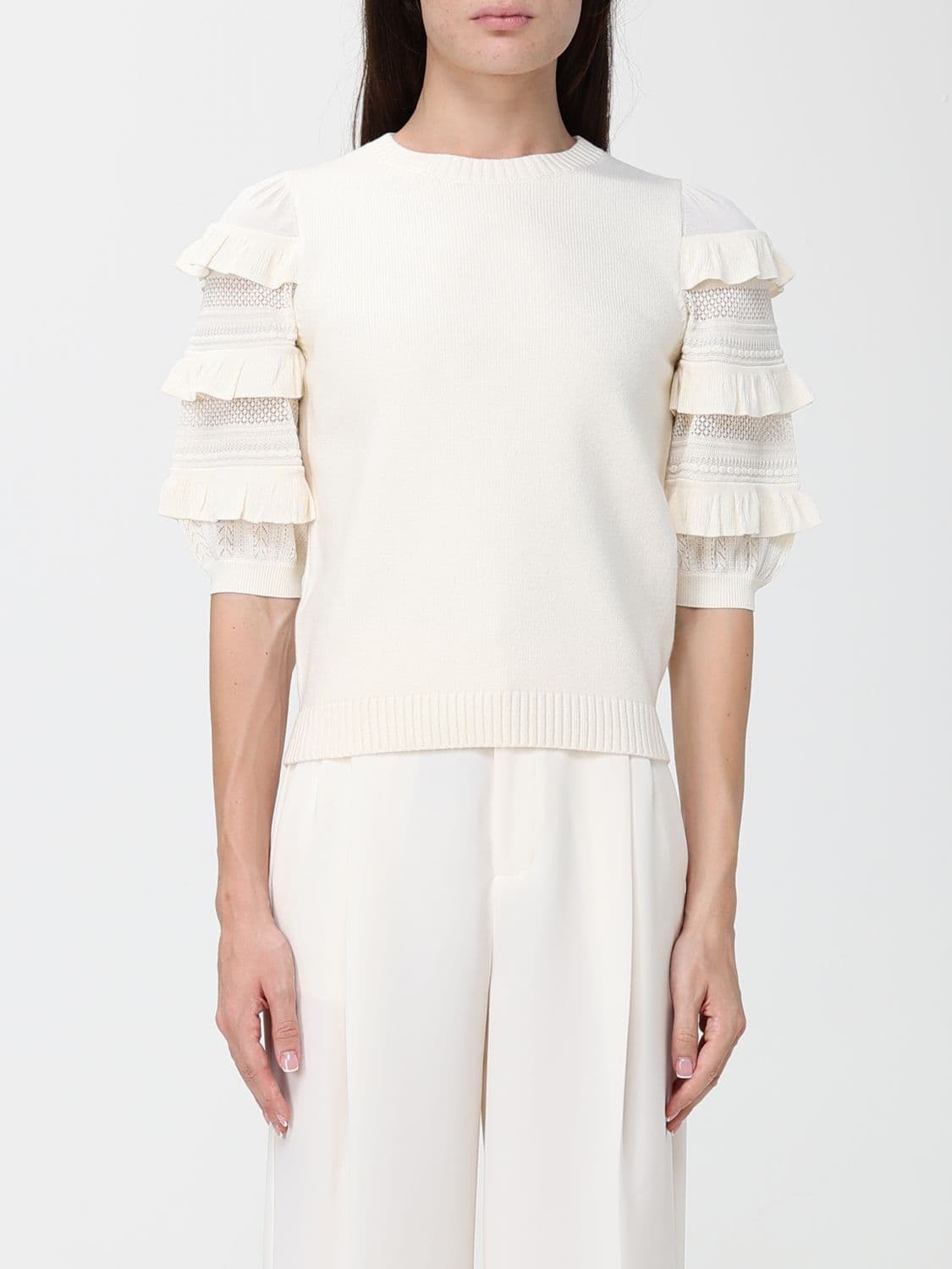 Twinset Short-Sleeved Wool Blend Jumper with Embroidery and Ruffles