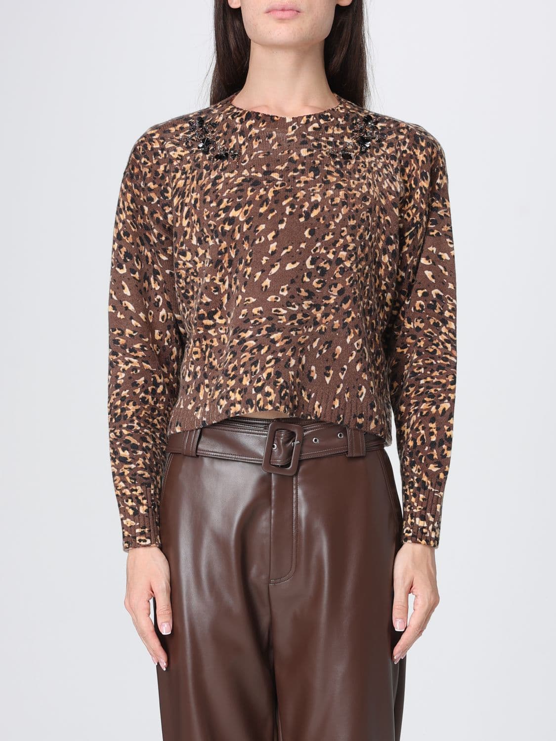 Twinset Animal Print Wool Blend Jumper with Crystal Embroidery