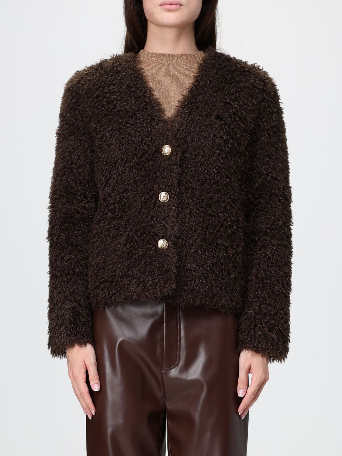 Twinset Short Single-Breasted Bouclé Coat with V-Neck