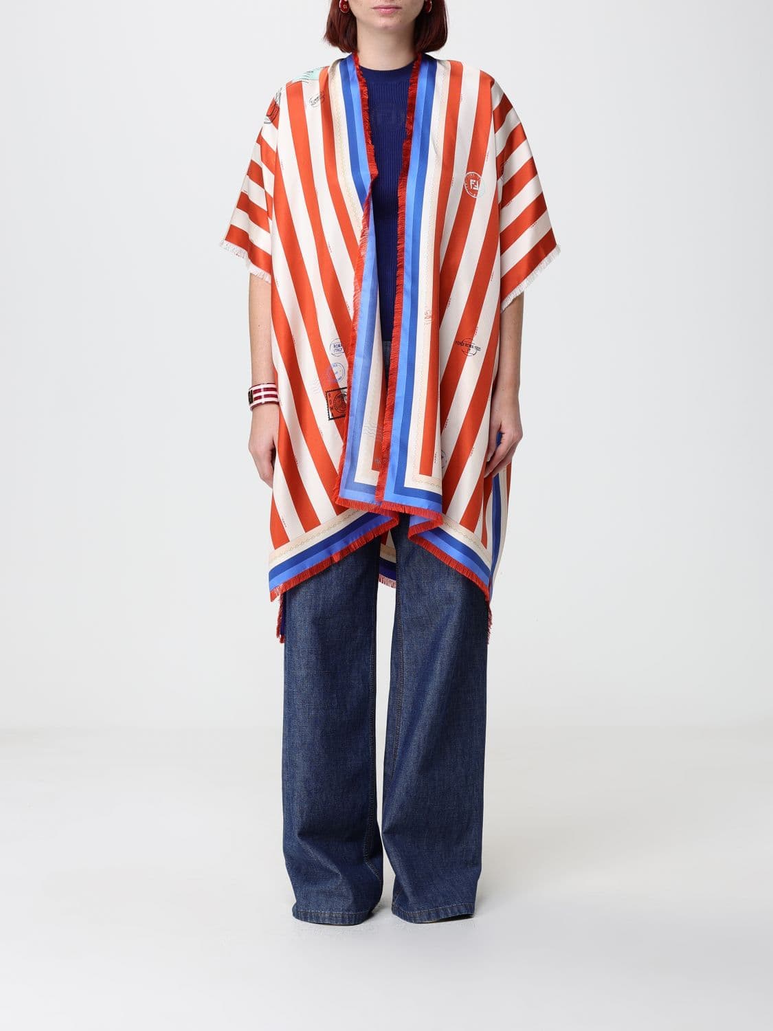 Fendi Striped Silk Duster Coat with All-Over Logo Print