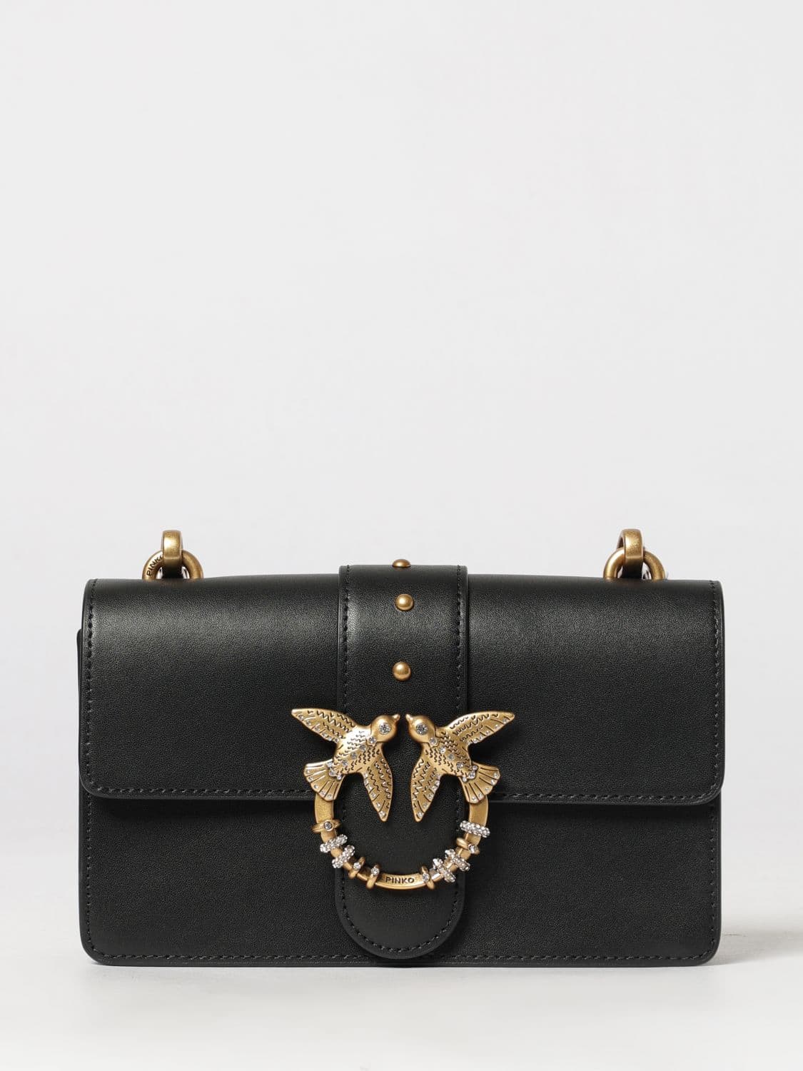Pinko Love One Classic Leather Mini Shoulder Bag with Rhinestones and Logo · OS