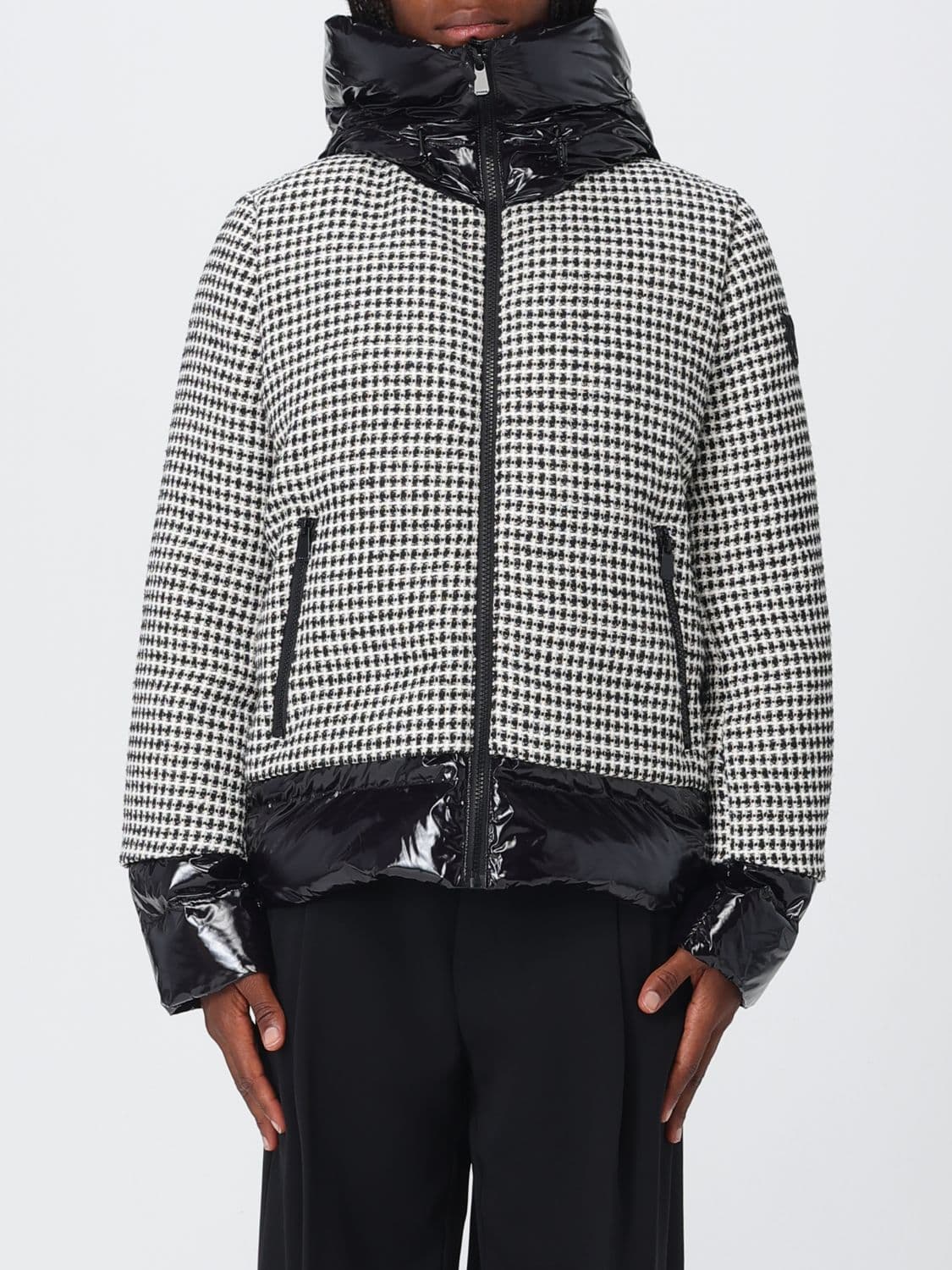 Pinko Short Quilted Vichy Tweed and Nylon Down Jacket with Hood