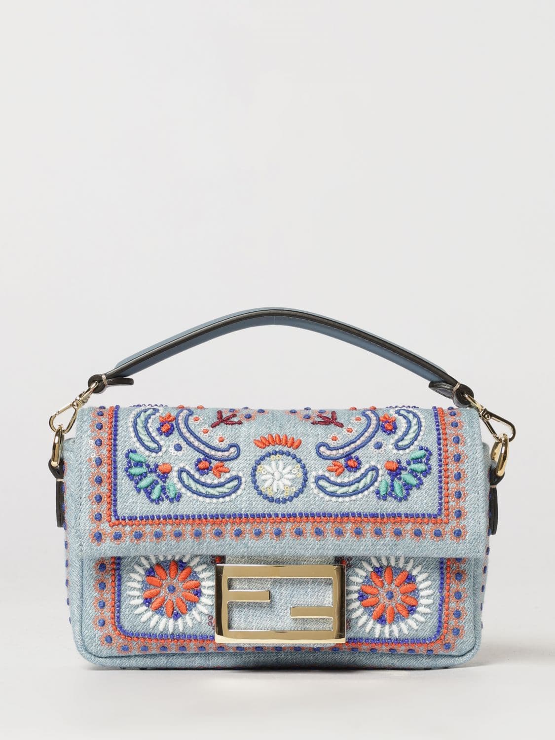 Fendi Baguette Denim Bag with Beaded Embroidery and Removable Handle · OS