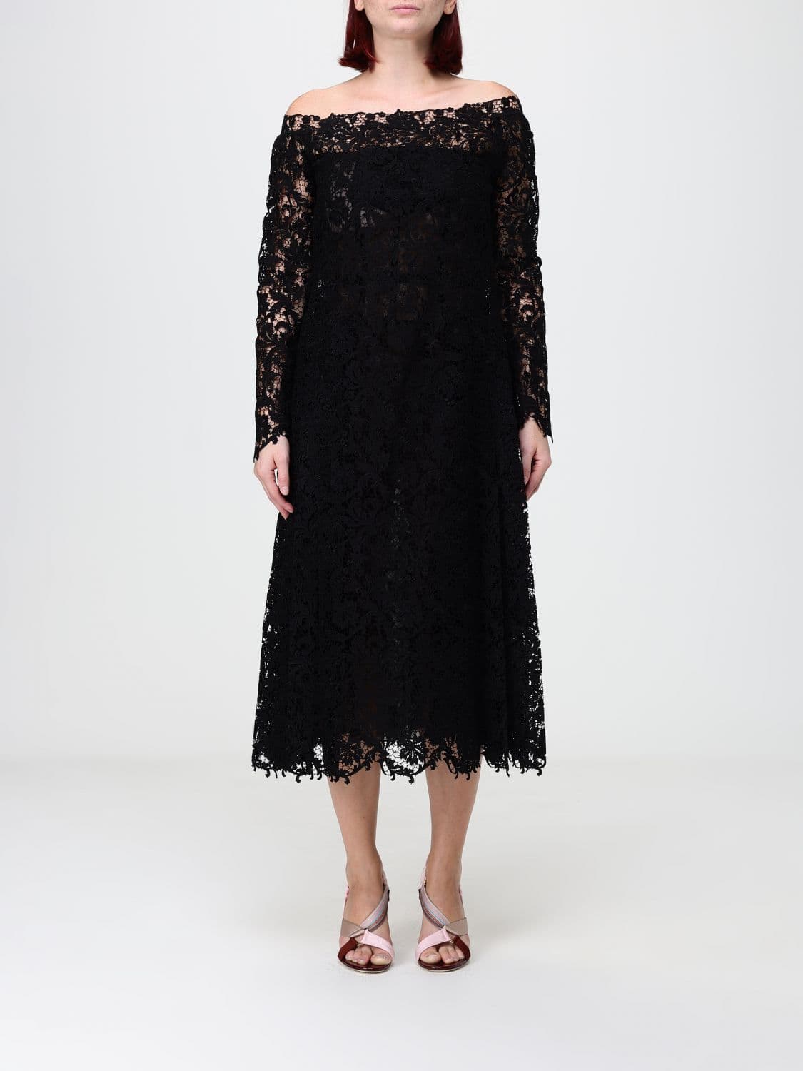 Fendi A-Line Lace Midi Dress with a Straight Neckline