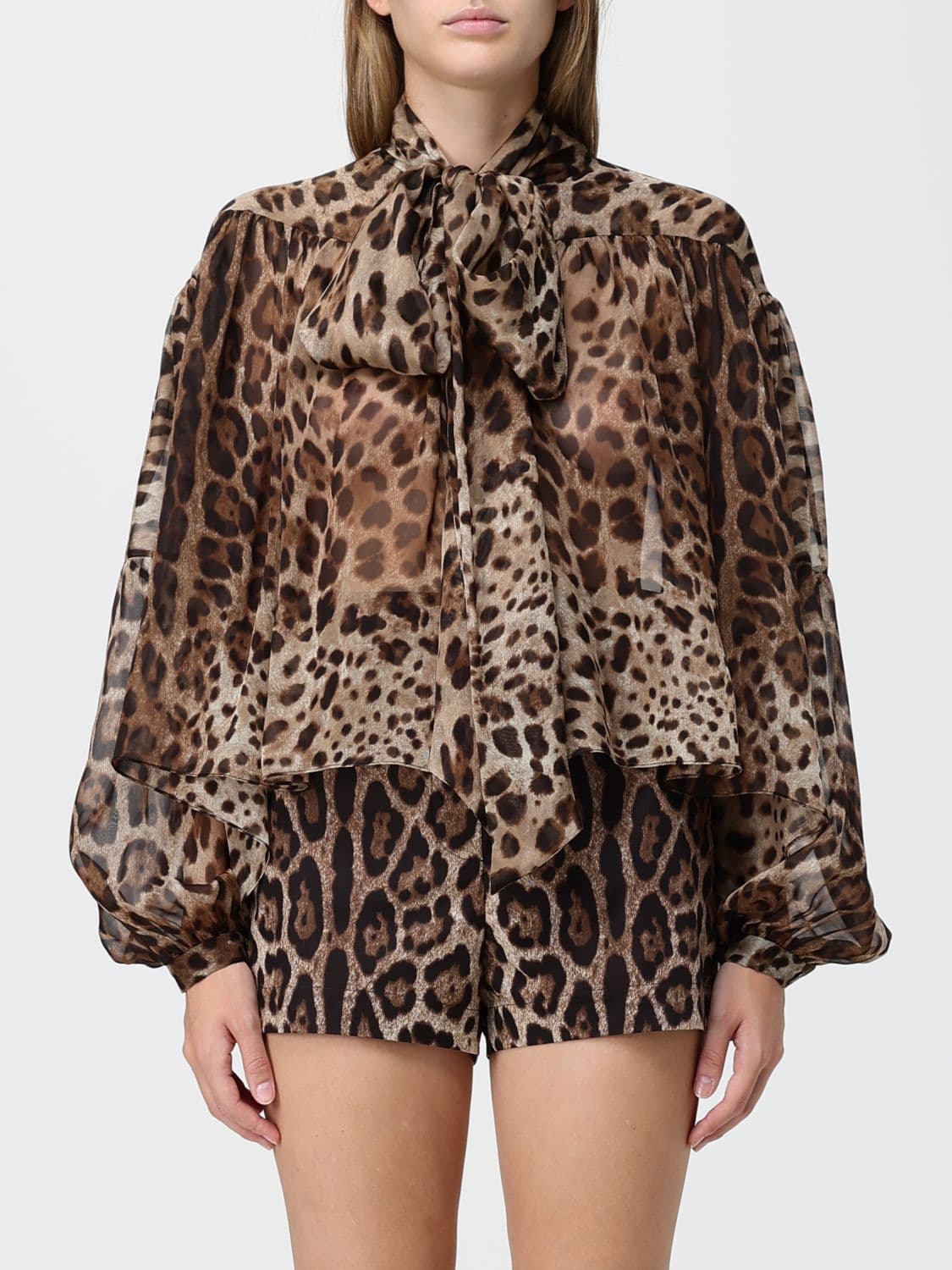 Dolce & Gabbana Animalier-Print Silk Pussy-Bow Shirt