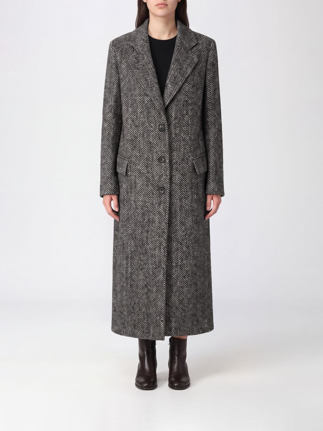 Tagliatore Single-Breasted Long Coat in Wool Blend with Chevron Pattern and Classic Lapels