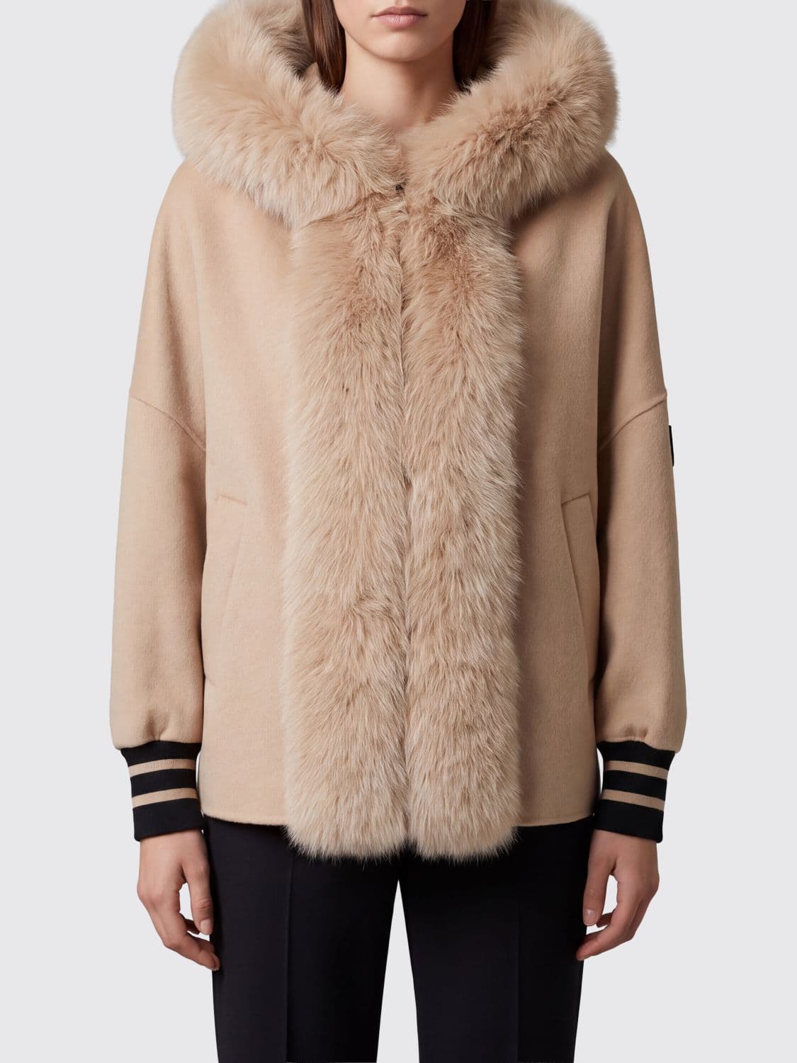 Ermanno Firenze Shearling Fur Jacket with Hood and Contrast Trims