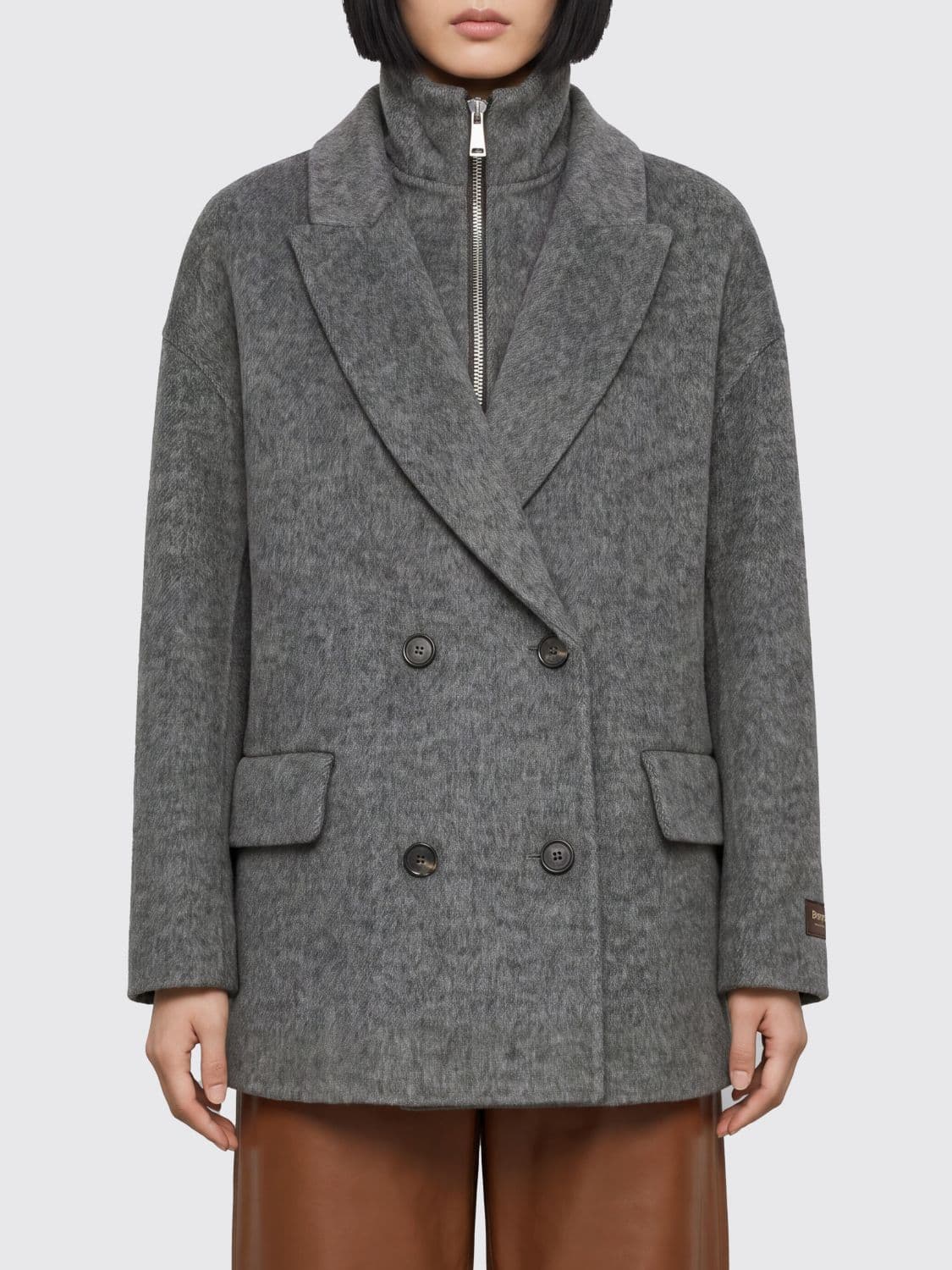 Ermanno Firenze Double-Breasted Wool Blend Short Coat with Peak Lapels