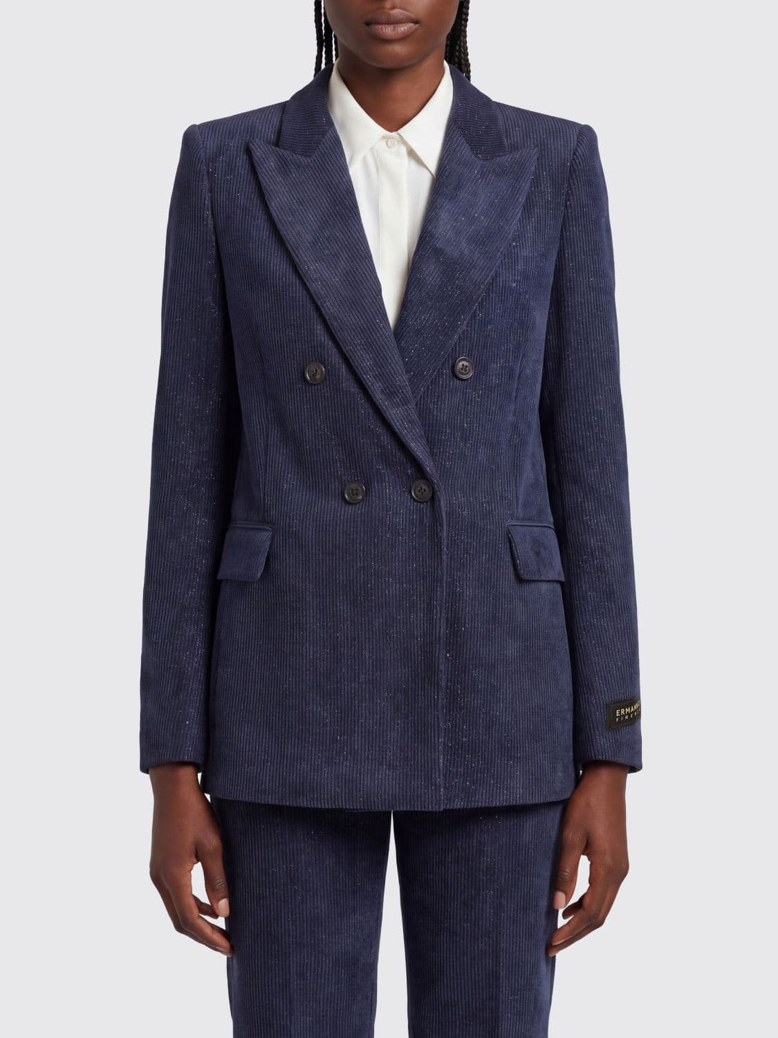 Ermanno Firenze Short Double-Breasted Velvet Blazer with Peak Lapels