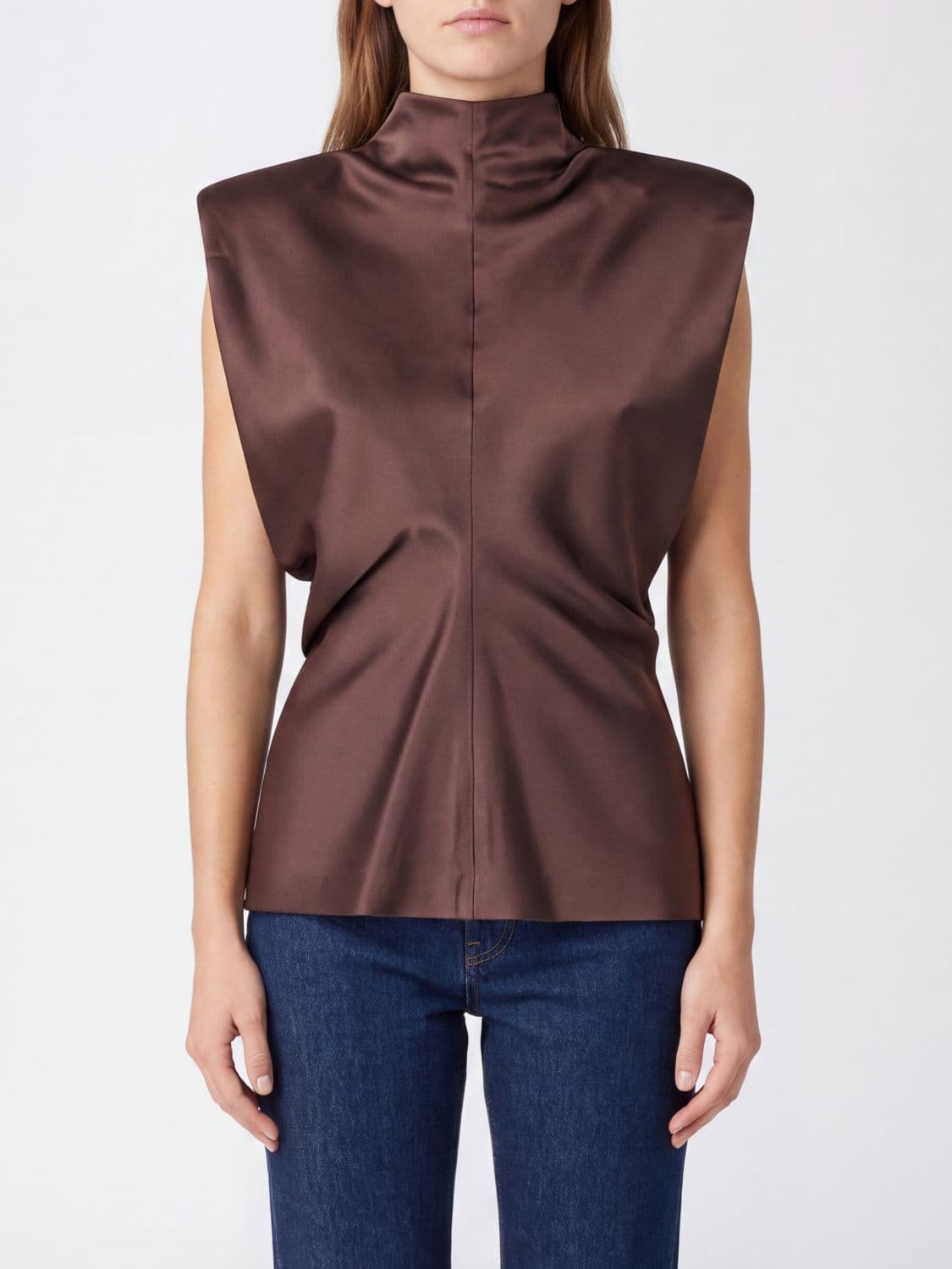 Federica Tosi Sleeveless Satin Evening Top with High Neck and Ruched Waist