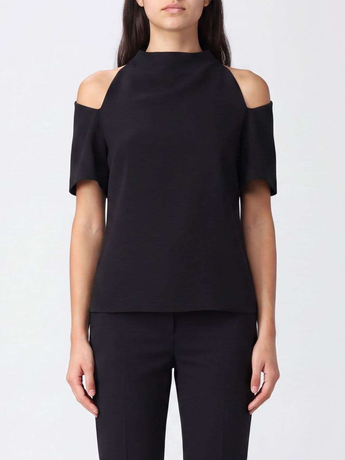 Federica Tosi Short-Sleeved Cady Blouse with High Neck and Cut-Out Shoulders