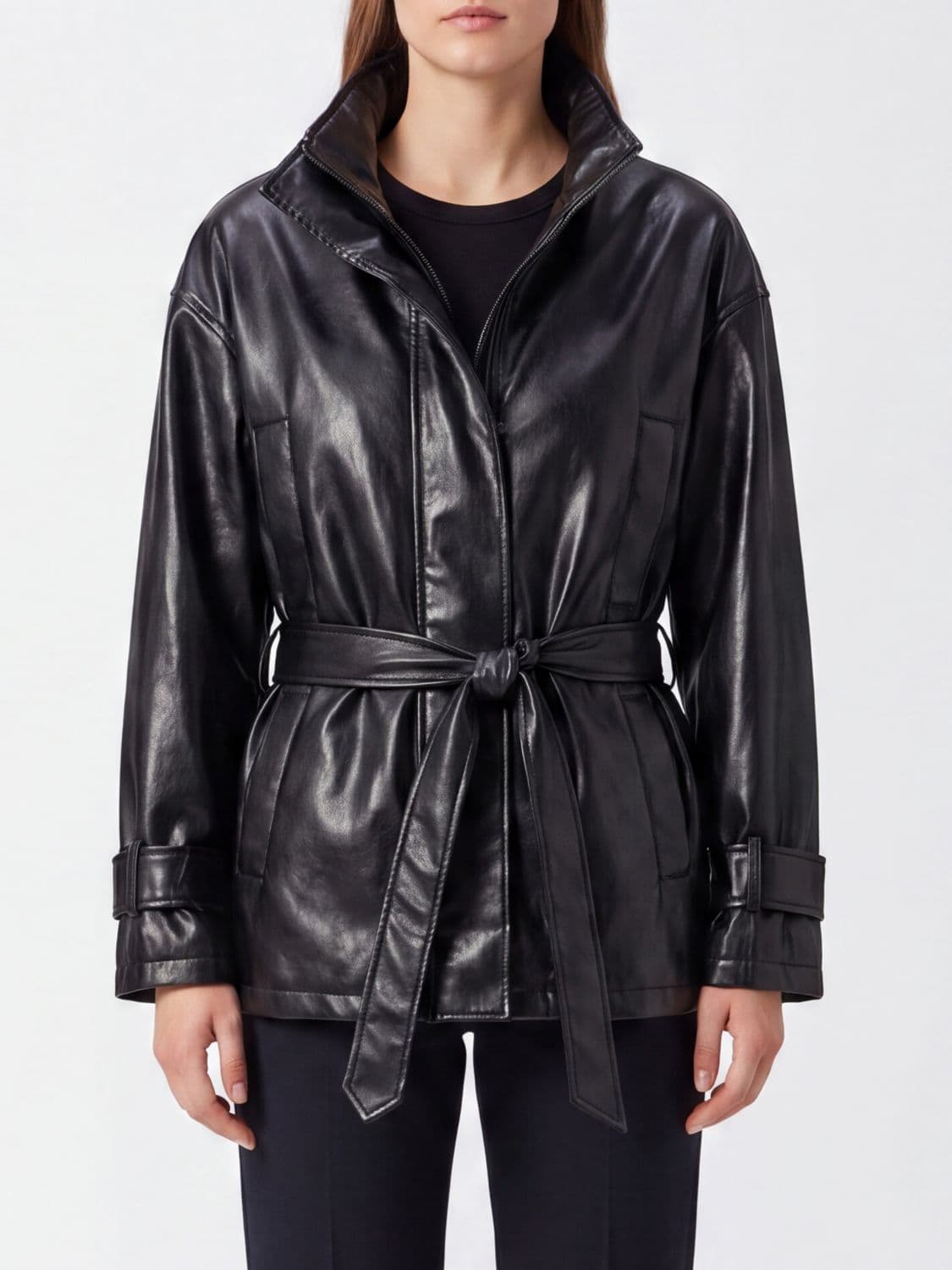 Federica Tosi Short Leather Jacket with Funnel Neck and Tie-Waist Belt