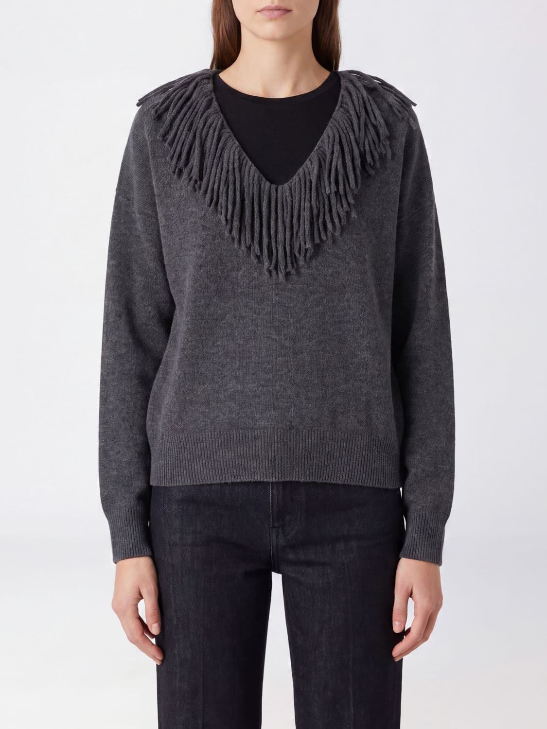 Federica Tosi V-Neck Wool and Cashmere Jumper with Fringe Details