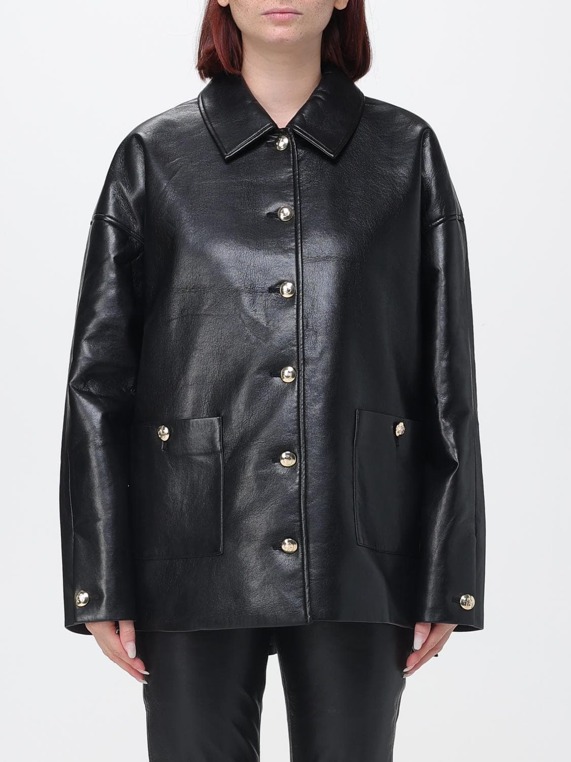 Anine Bing Luca Recycled Leather Shirt Jacket with Metal Buttons