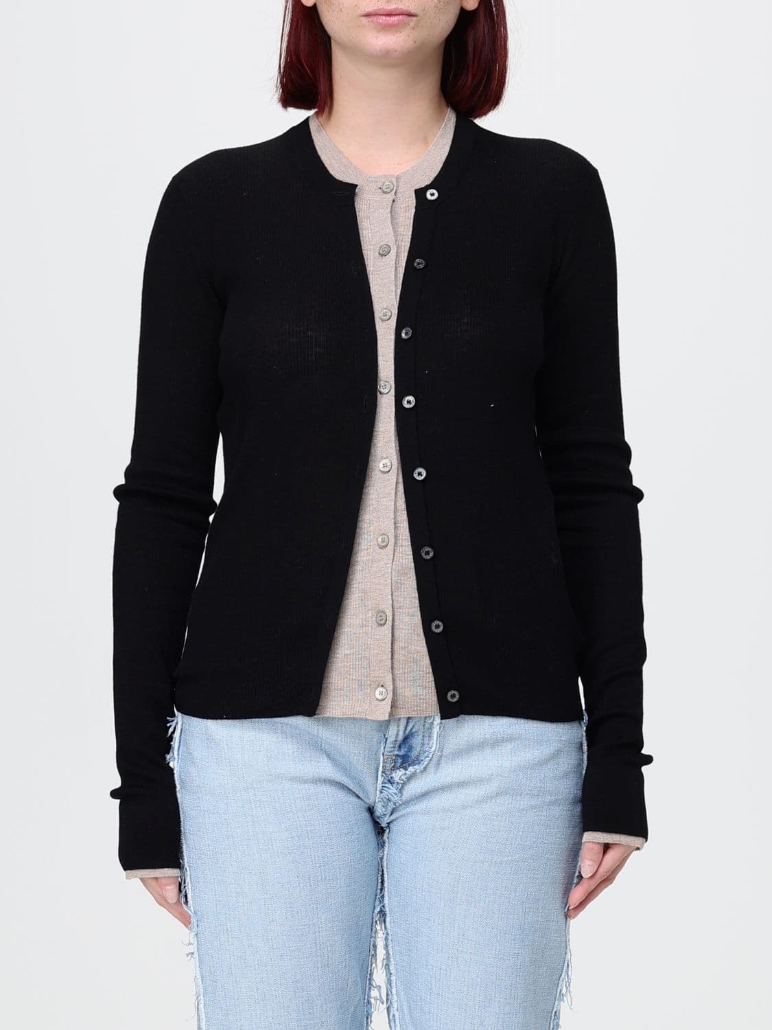 Acne Studios Crew Neck Wool and Silk Blend Cardigan with Button Closure