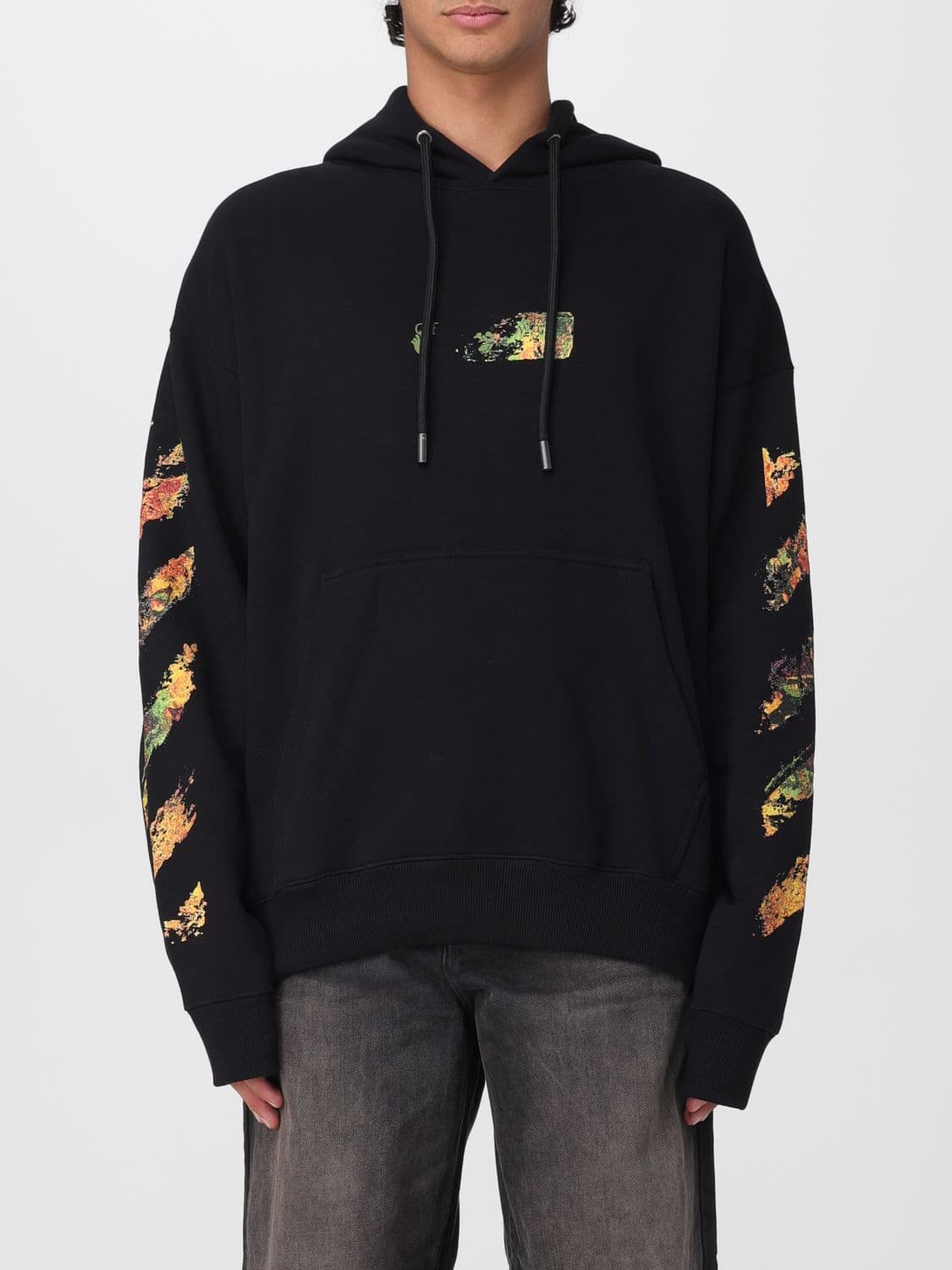 Off-White Relaxed Fit Cotton Hoodie with Arrow Logo and Diagonal Prints