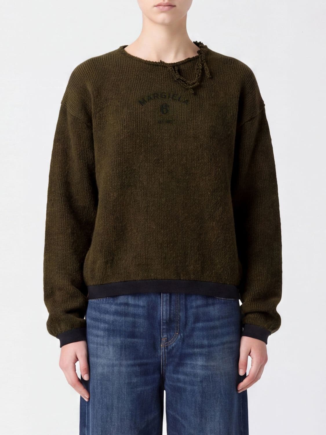 Mm6 Maison Margiela Distressed Jacquard Logo Wool Blend Relaxed Fit Jumper