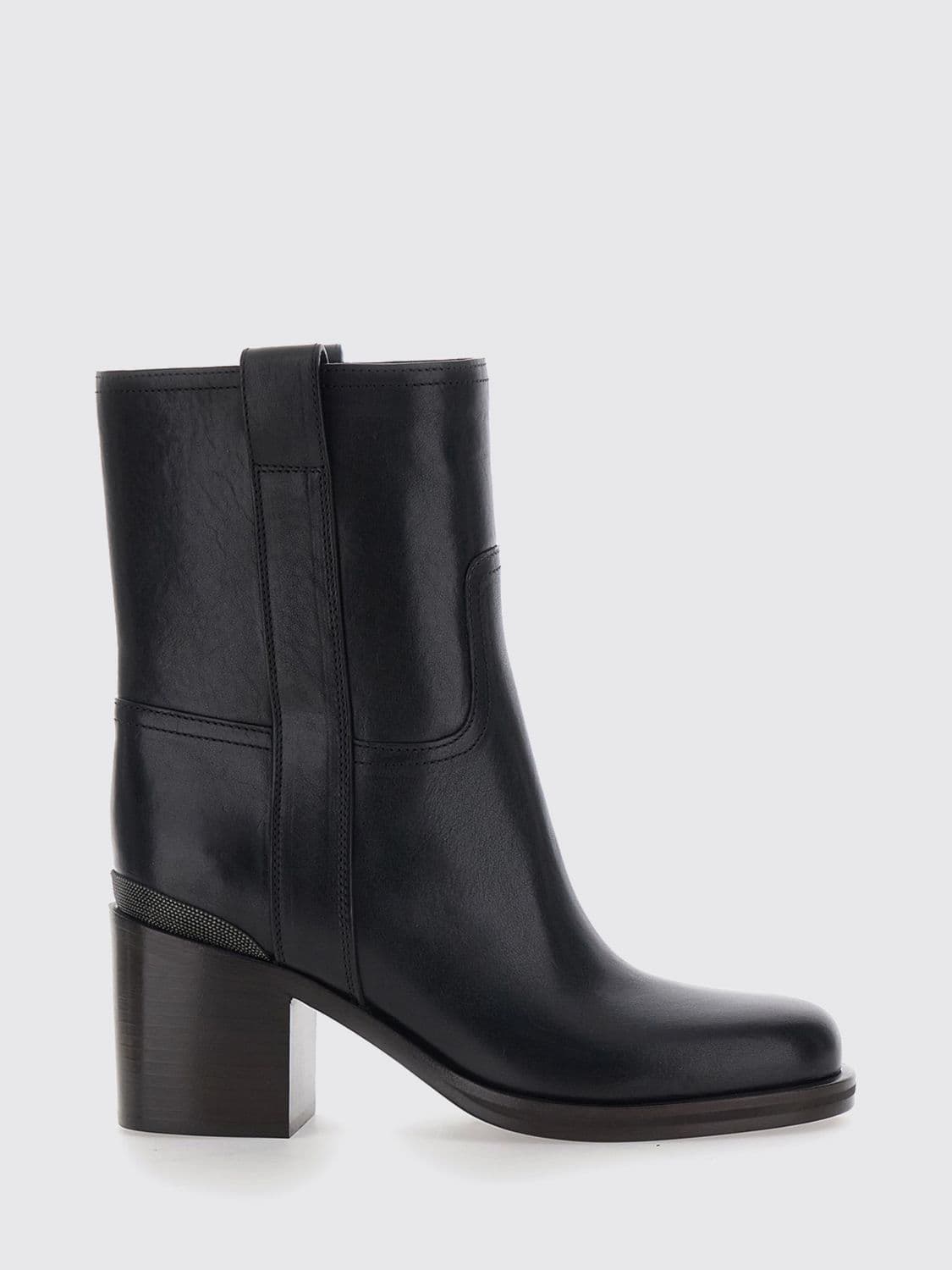 Brunello Cucinelli Smooth Calfskin Ankle Boots with Monili and Block Heel
