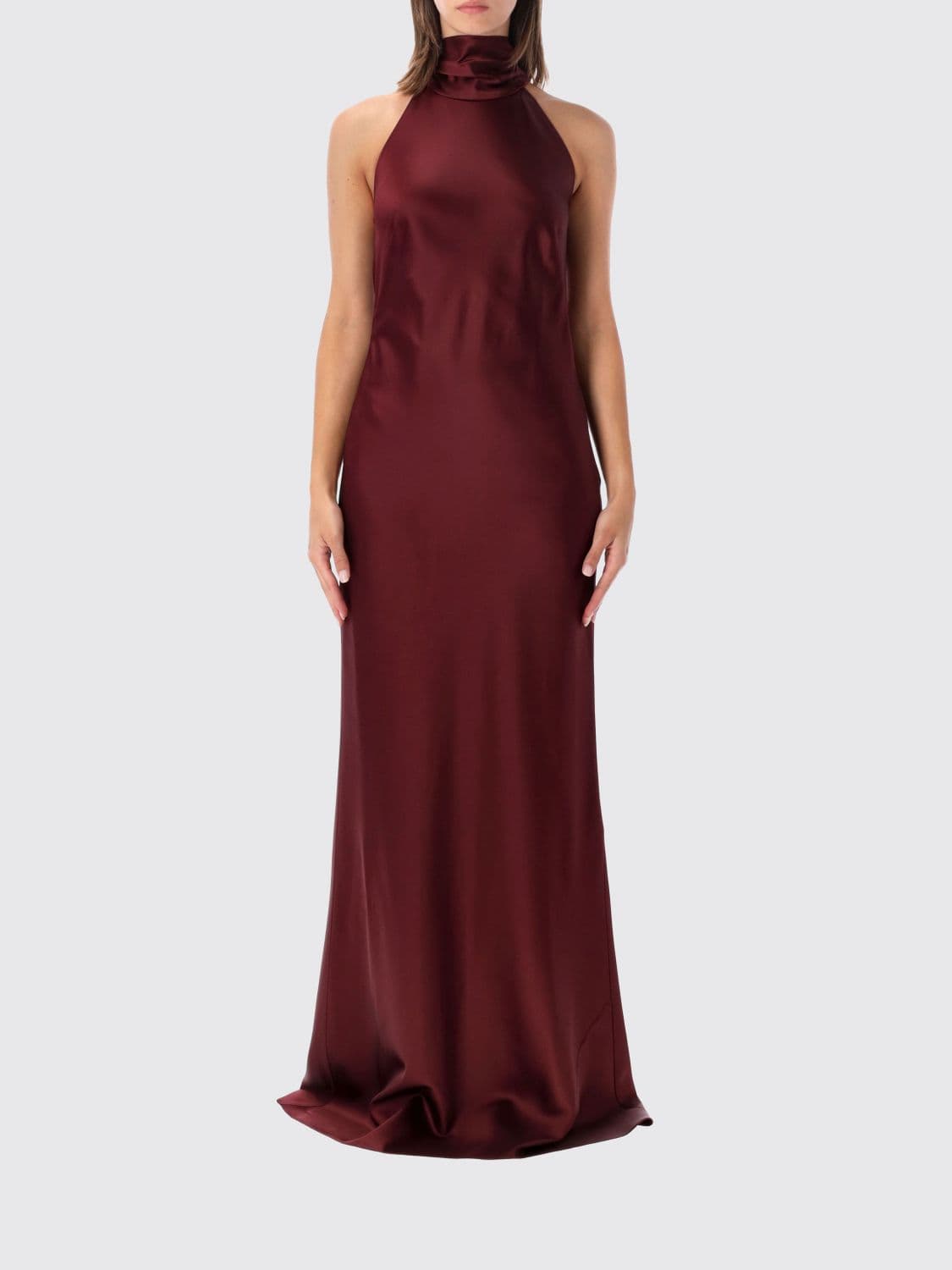 Ralph Lauren Halterneck High-Neck Satin Long Evening Gown