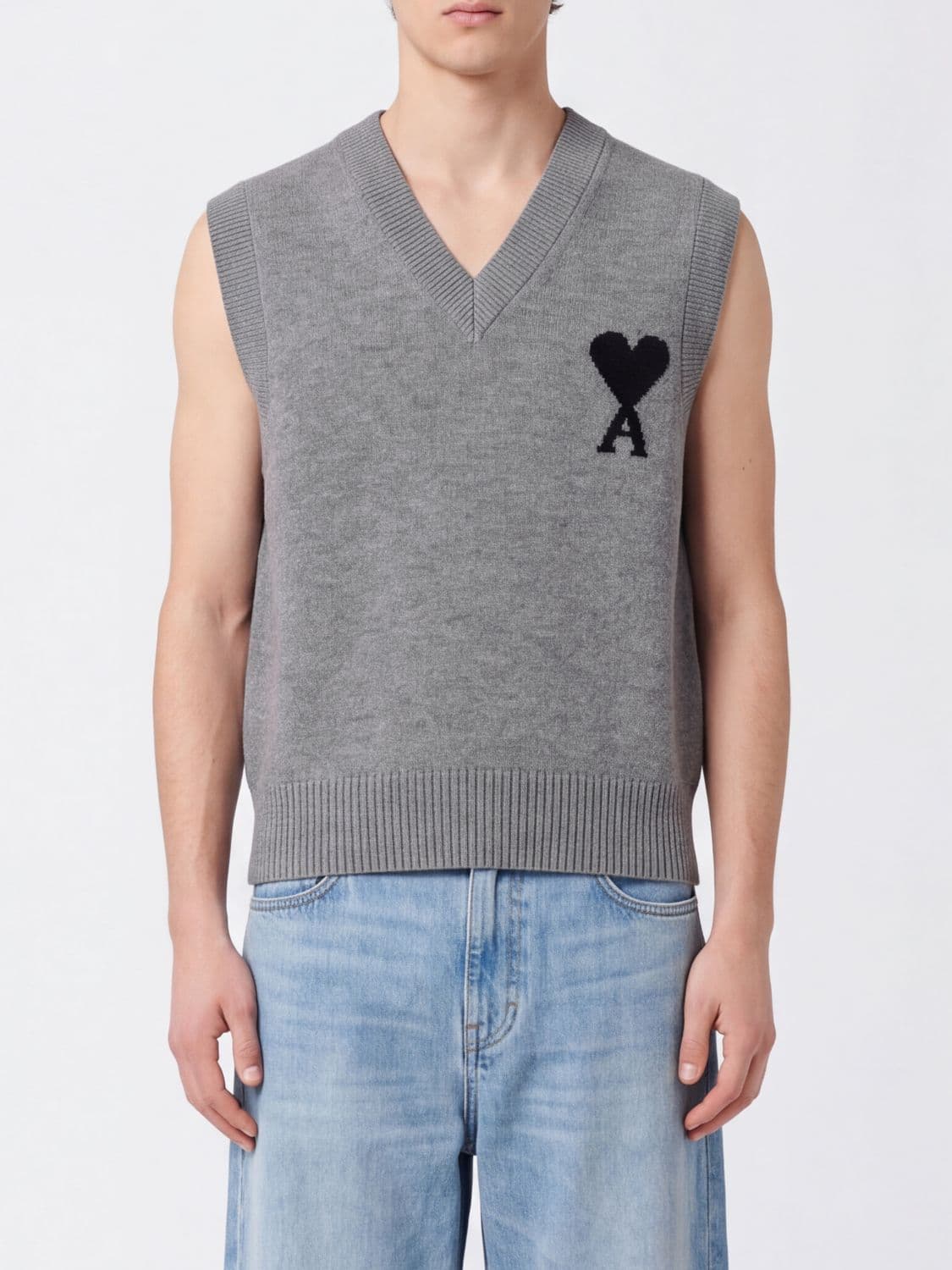 Ami Paris V-Neck Wool Knit Jumper Vest with Contrast Logo