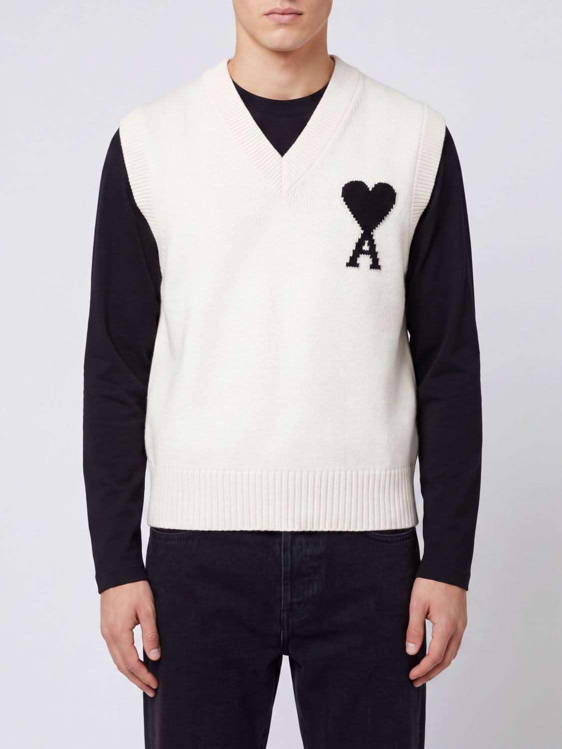 Ami Paris V-Neck Wool Knit Jumper Vest with Contrast Logo