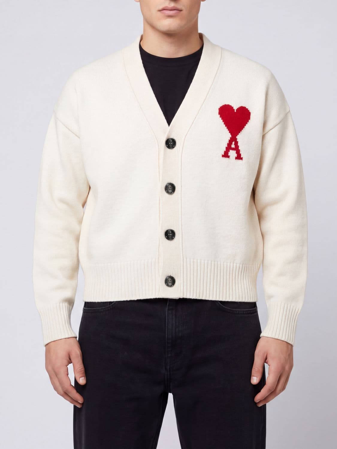 Ami Paris V-Neck Wool Cardigan with Contrast Logo