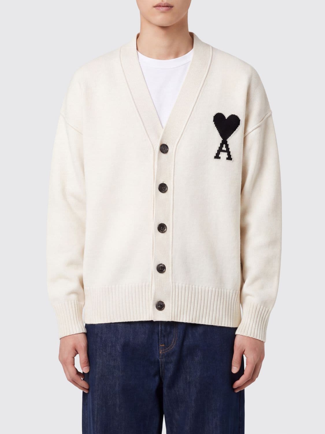 Ami Paris V-Neck Wool Cardigan with Contrast Logo