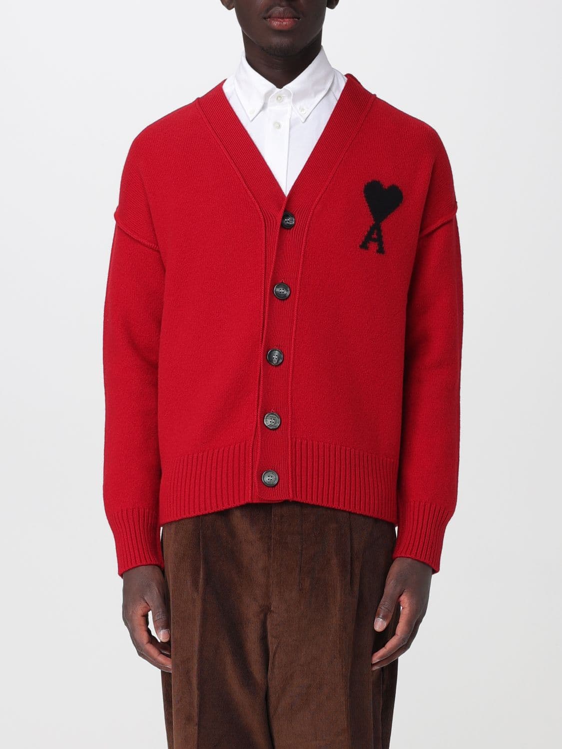 Ami Paris V-Neck Wool Cardigan with Contrast Logo