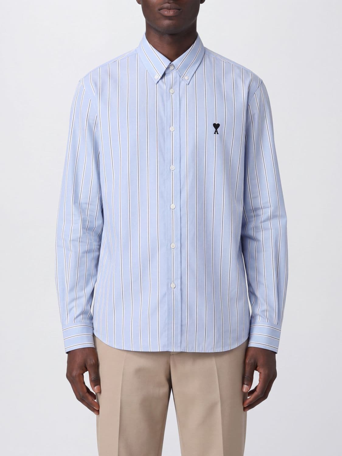 Ami Paris Relaxed Fit Long-Sleeved Striped Cotton Shirt with Embroidered Logo
