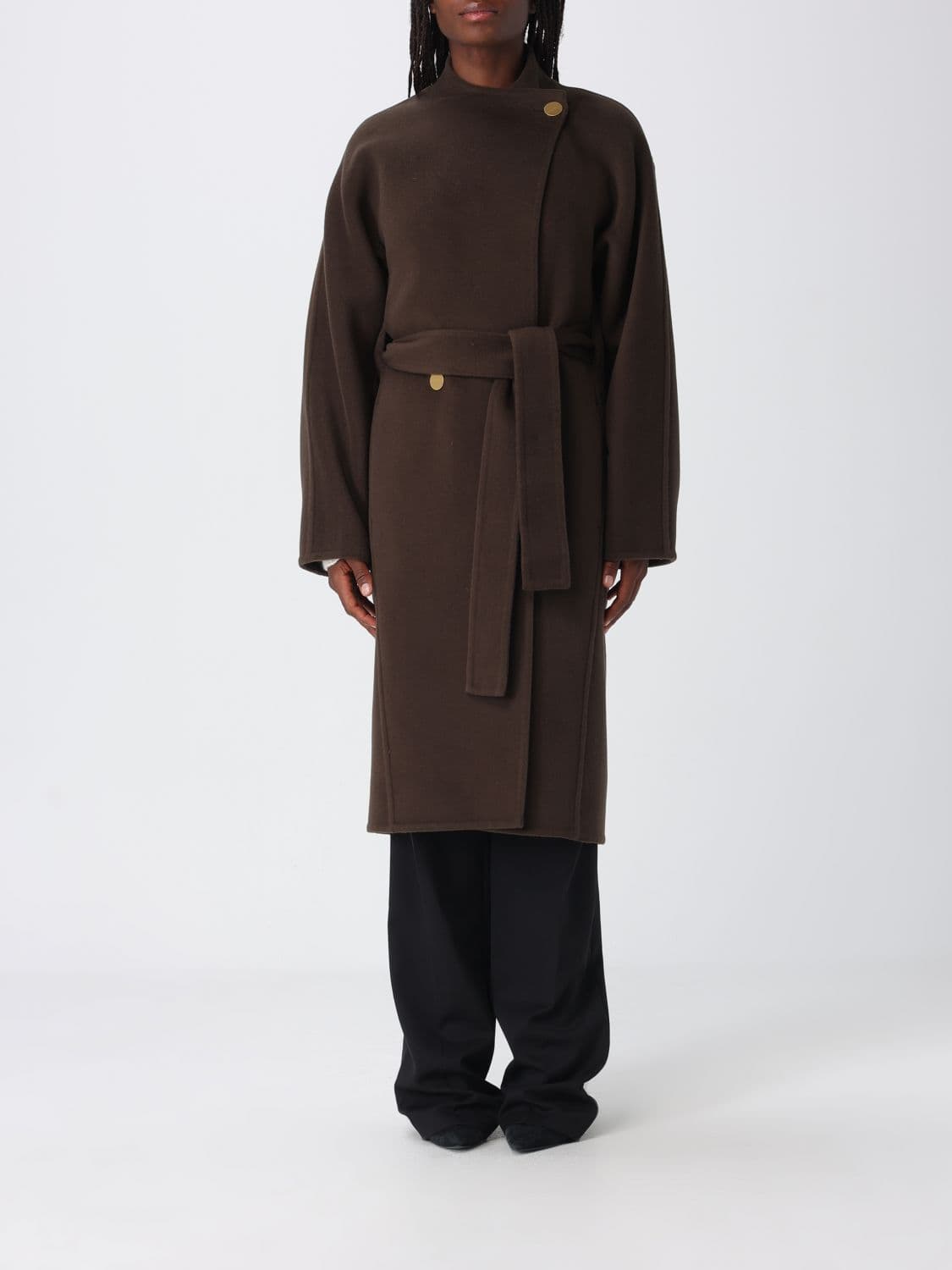 Alberta Ferretti Long Double-Breasted Wool Coat with dropped shoulders and a belt