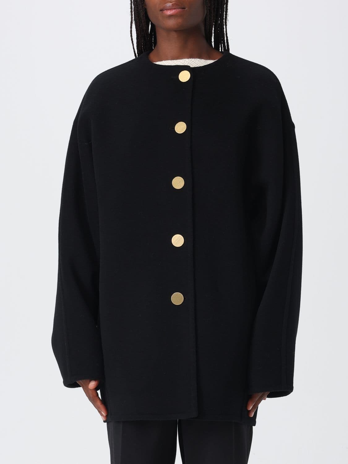 Alberta Ferretti Knee-Length Wool Coat with a crew neck and dropped shoulders · M
