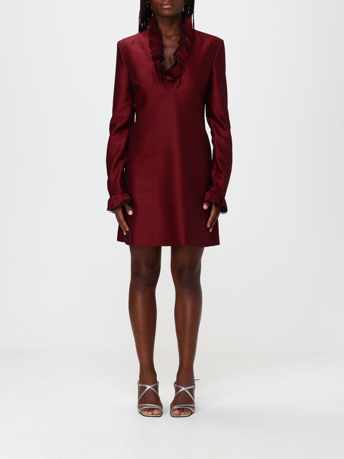 Alberta Ferretti Long-Sleeve Satin Mini Dress with a V-neck and ruffle collar