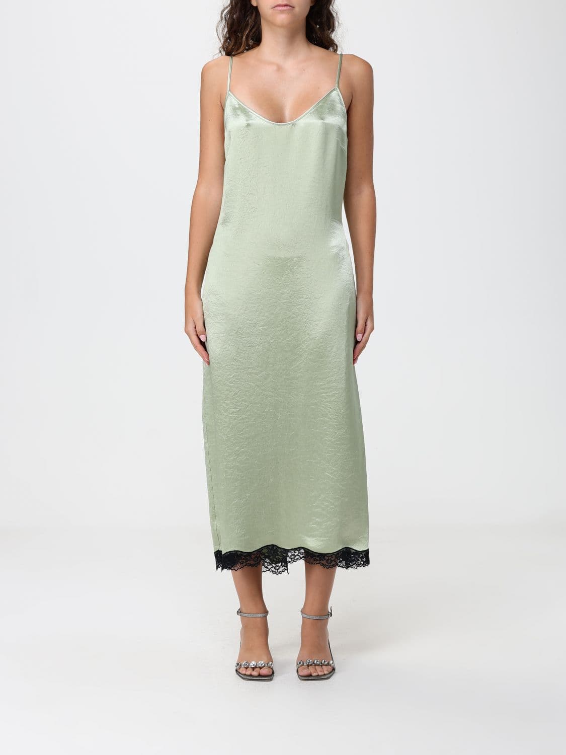 Twinset Satin Midi Slip Dress with V-Neck and Lace Inserts