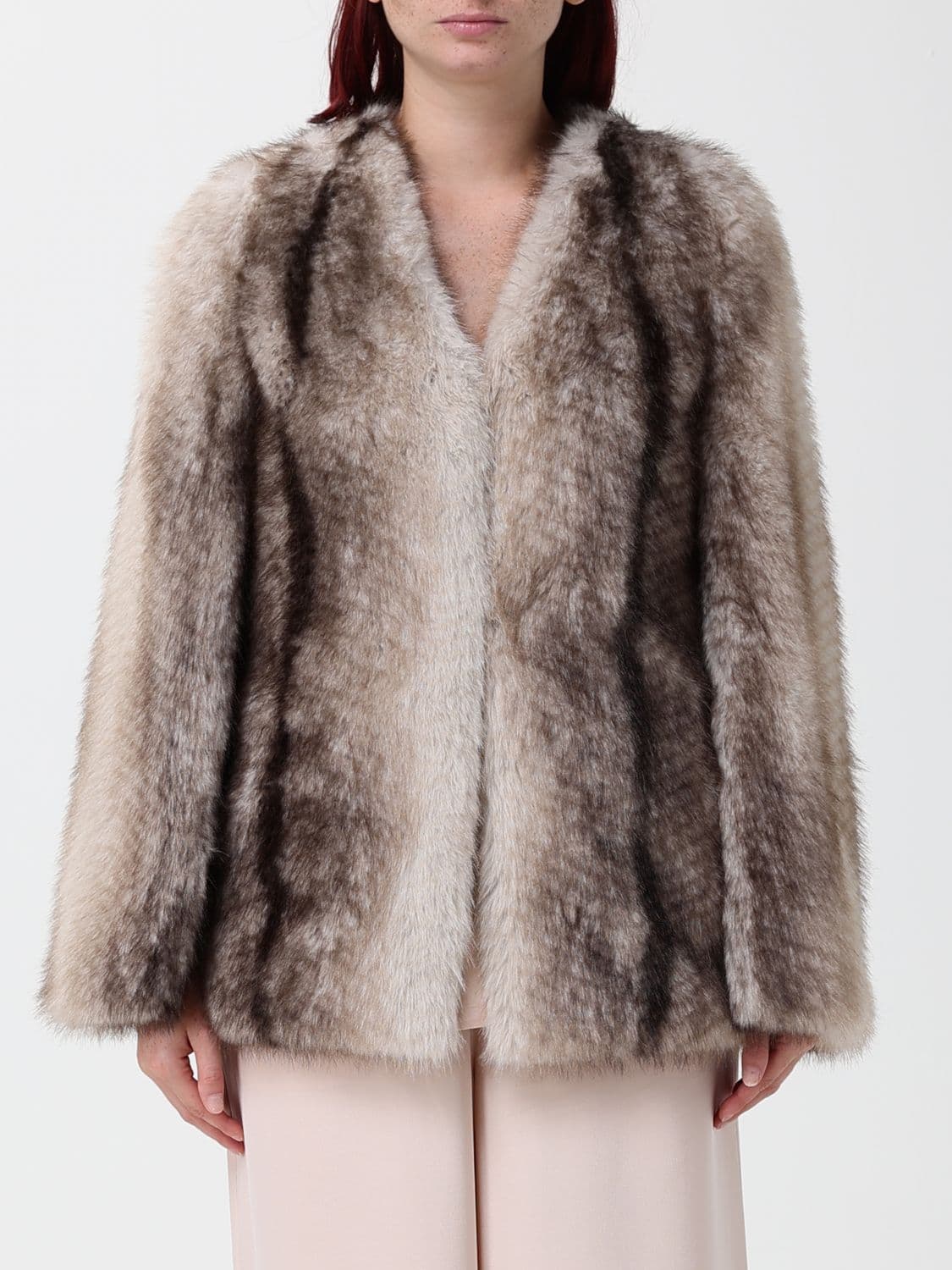 Twinset Abstract-Pattern Faux-Fur Wool-Blend Short Coat