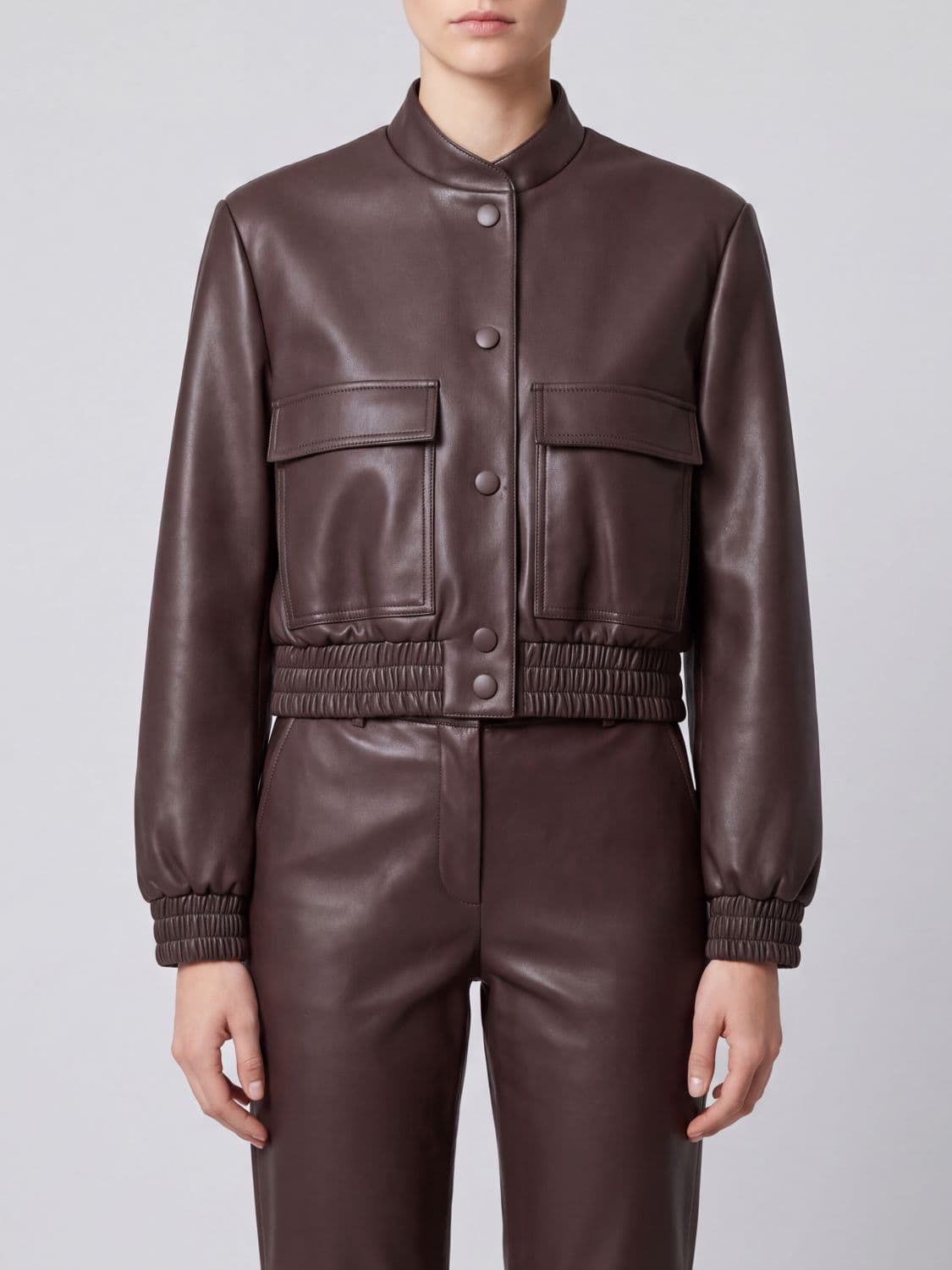 Twinset Faux Leather Bomber Jacket with Patch Pockets and Elasticated Cuffs