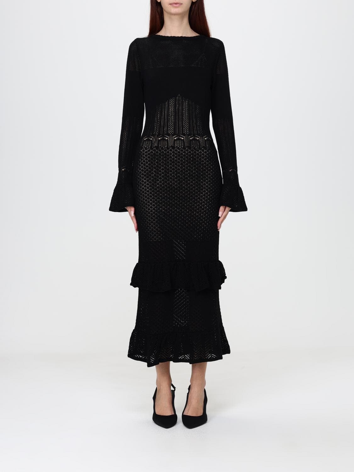 Twinset Openwork Knit Midi Sheath Dress with Long Sleeves and Ruffles
